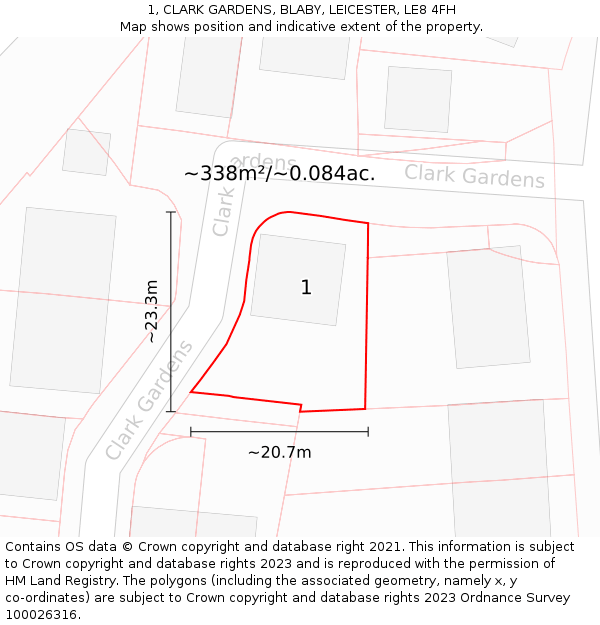 1, CLARK GARDENS, BLABY, LEICESTER, LE8 4FH: Plot and title map