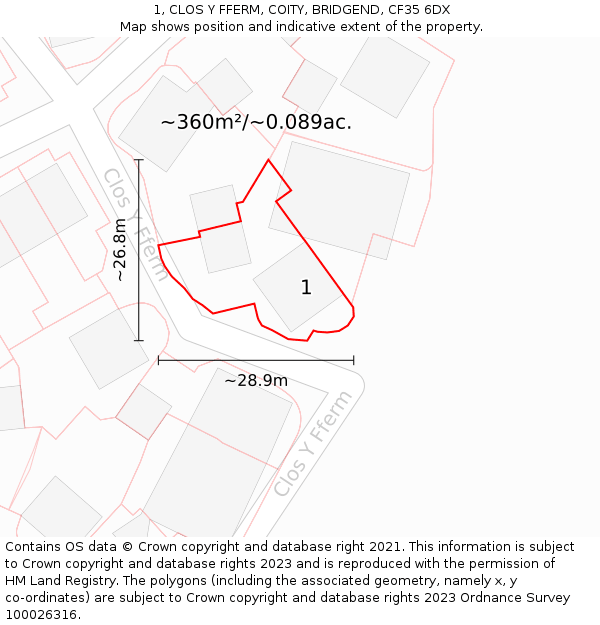1, CLOS Y FFERM, COITY, BRIDGEND, CF35 6DX: Plot and title map