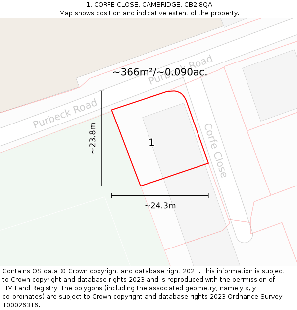1, CORFE CLOSE, CAMBRIDGE, CB2 8QA: Plot and title map
