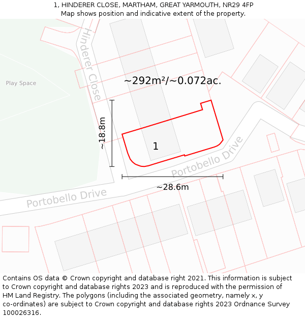 1, HINDERER CLOSE, MARTHAM, GREAT YARMOUTH, NR29 4FP: Plot and title map