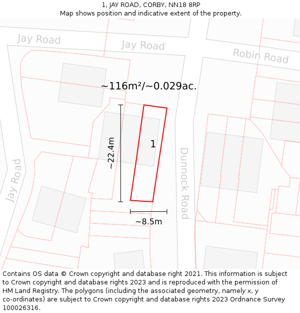 1, JAY ROAD, CORBY, NN18 8RP: Plot and title map