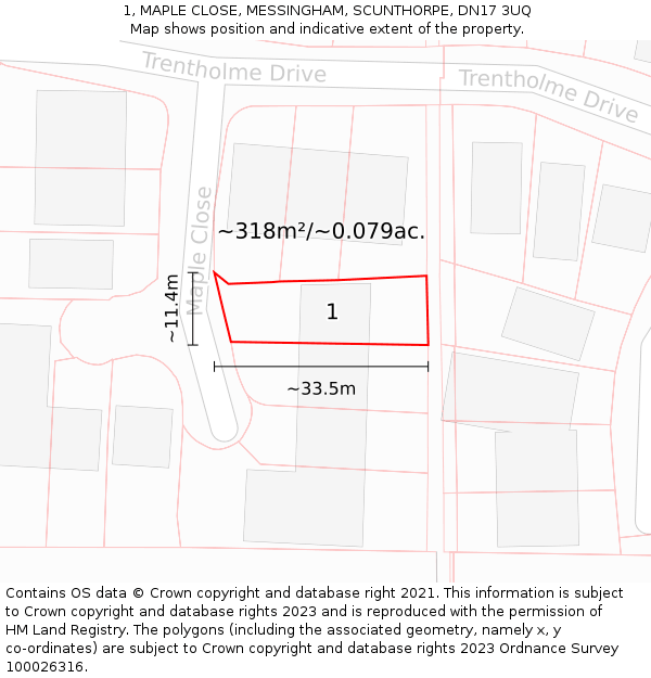 1, MAPLE CLOSE, MESSINGHAM, SCUNTHORPE, DN17 3UQ: Plot and title map