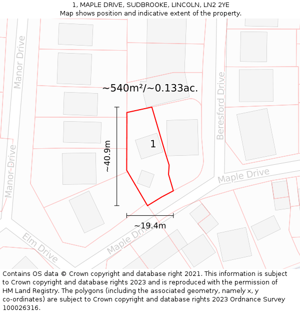 1, MAPLE DRIVE, SUDBROOKE, LINCOLN, LN2 2YE: Plot and title map