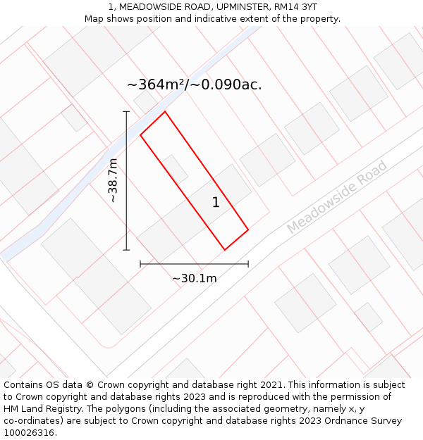 1, MEADOWSIDE ROAD, UPMINSTER, RM14 3YT: Plot and title map