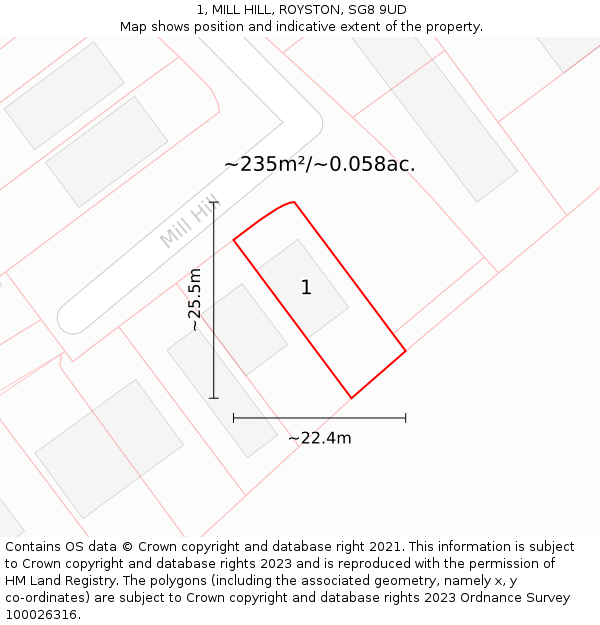 1, MILL HILL, ROYSTON, SG8 9UD: Plot and title map