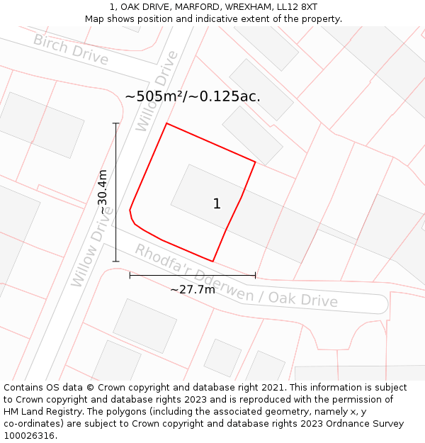 1, OAK DRIVE, MARFORD, WREXHAM, LL12 8XT: Plot and title map