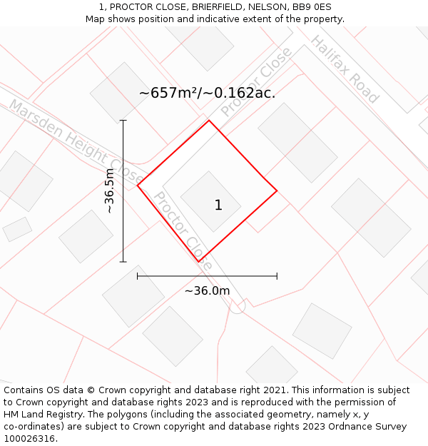 1, PROCTOR CLOSE, BRIERFIELD, NELSON, BB9 0ES: Plot and title map