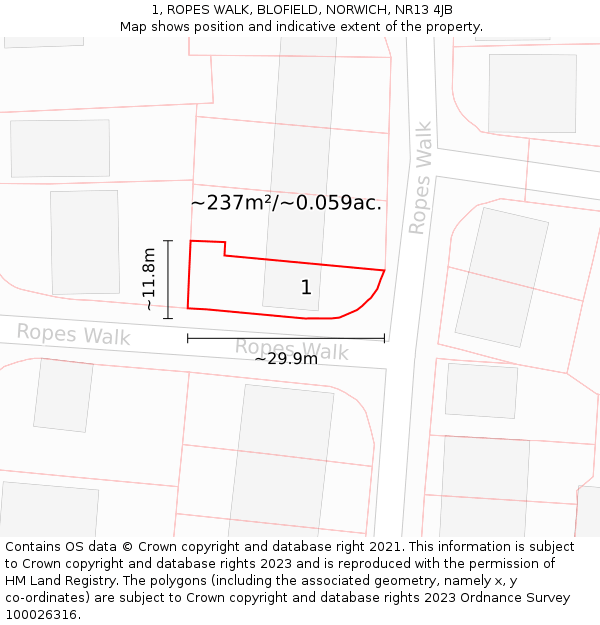 1, ROPES WALK, BLOFIELD, NORWICH, NR13 4JB: Plot and title map