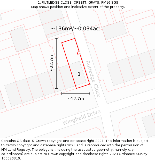 1, RUTLEDGE CLOSE, ORSETT, GRAYS, RM16 3GS: Plot and title map