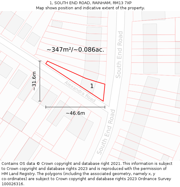 1, SOUTH END ROAD, RAINHAM, RM13 7XP: Plot and title map