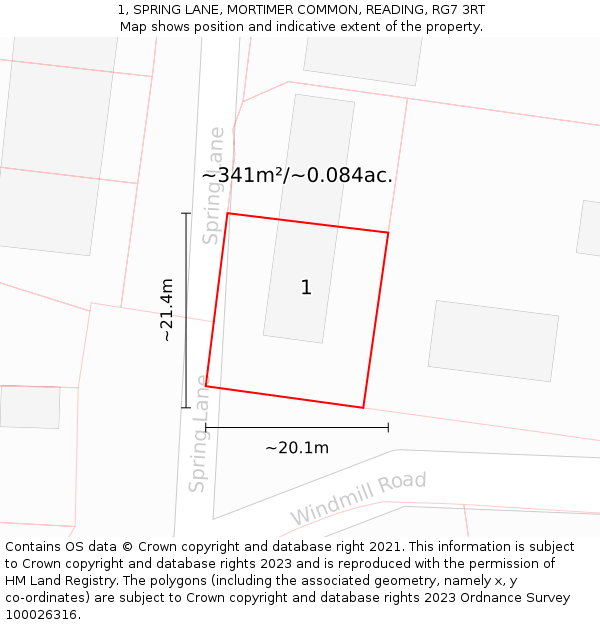 1, SPRING LANE, MORTIMER COMMON, READING, RG7 3RT: Plot and title map