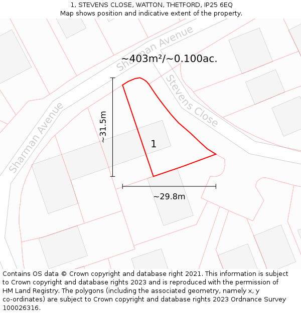 1, STEVENS CLOSE, WATTON, THETFORD, IP25 6EQ: Plot and title map