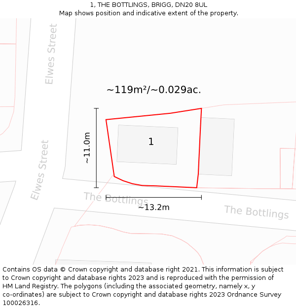 1, THE BOTTLINGS, BRIGG, DN20 8UL: Plot and title map