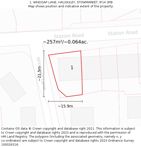 1, WINDGAP LANE, HAUGHLEY, STOWMARKET, IP14 3PB: Plot and title map