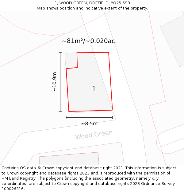1, WOOD GREEN, DRIFFIELD, YO25 6SR: Plot and title map