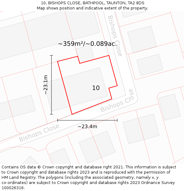 10, BISHOPS CLOSE, BATHPOOL, TAUNTON, TA2 8DS: Plot and title map