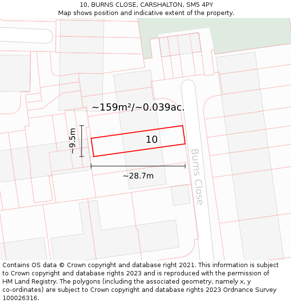 10, BURNS CLOSE, CARSHALTON, SM5 4PY: Plot and title map