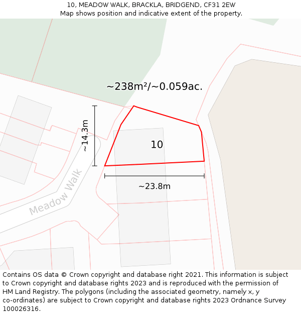 10, MEADOW WALK, BRACKLA, BRIDGEND, CF31 2EW: Plot and title map