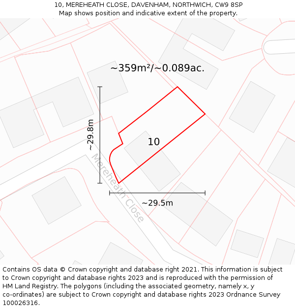 10, MEREHEATH CLOSE, DAVENHAM, NORTHWICH, CW9 8SP: Plot and title map
