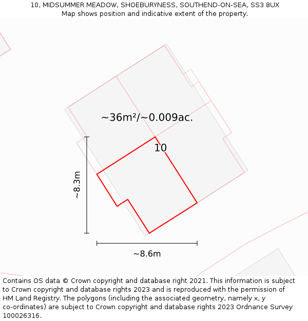 10, MIDSUMMER MEADOW, SHOEBURYNESS, SOUTHEND-ON-SEA, SS3 8UX: Plot and title map