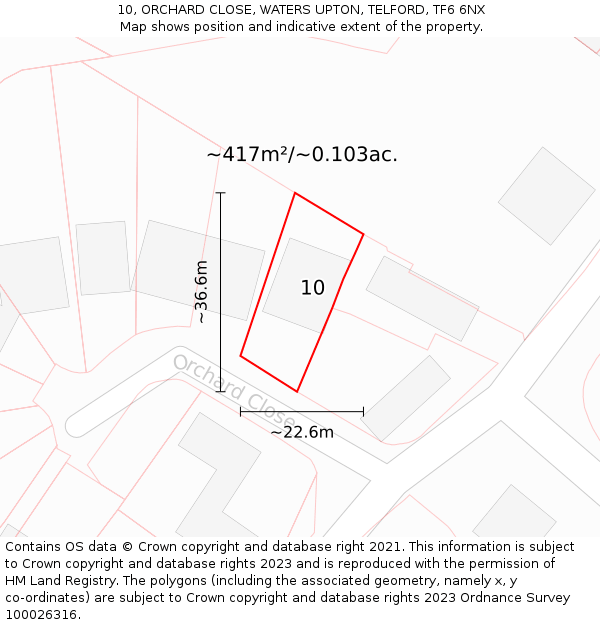 10, ORCHARD CLOSE, WATERS UPTON, TELFORD, TF6 6NX: Plot and title map
