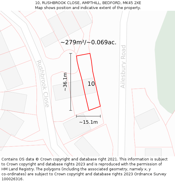 10, RUSHBROOK CLOSE, AMPTHILL, BEDFORD, MK45 2XE: Plot and title map
