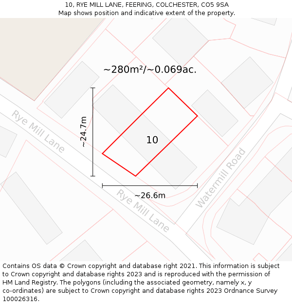 10, RYE MILL LANE, FEERING, COLCHESTER, CO5 9SA: Plot and title map
