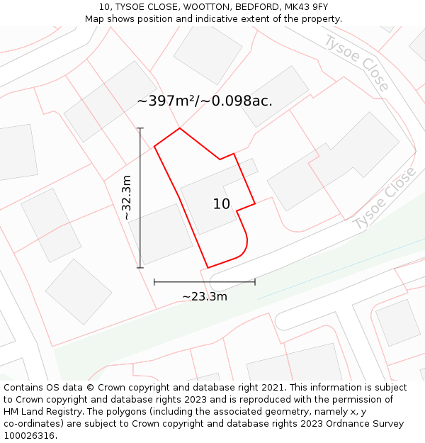 10, TYSOE CLOSE, WOOTTON, BEDFORD, MK43 9FY: Plot and title map
