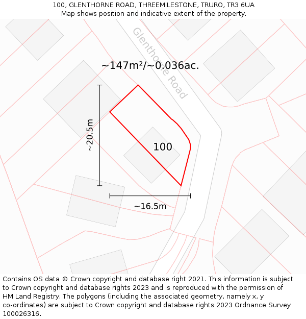 100, GLENTHORNE ROAD, THREEMILESTONE, TRURO, TR3 6UA: Plot and title map