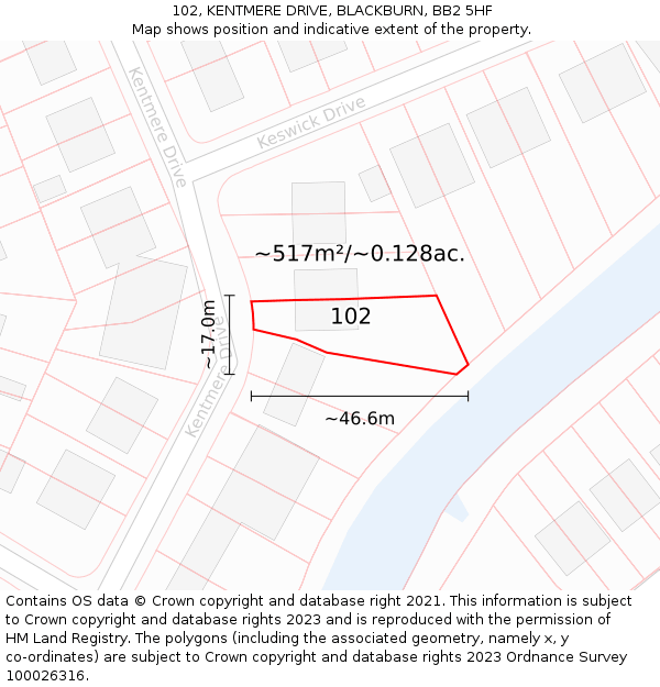102, KENTMERE DRIVE, BLACKBURN, BB2 5HF: Plot and title map