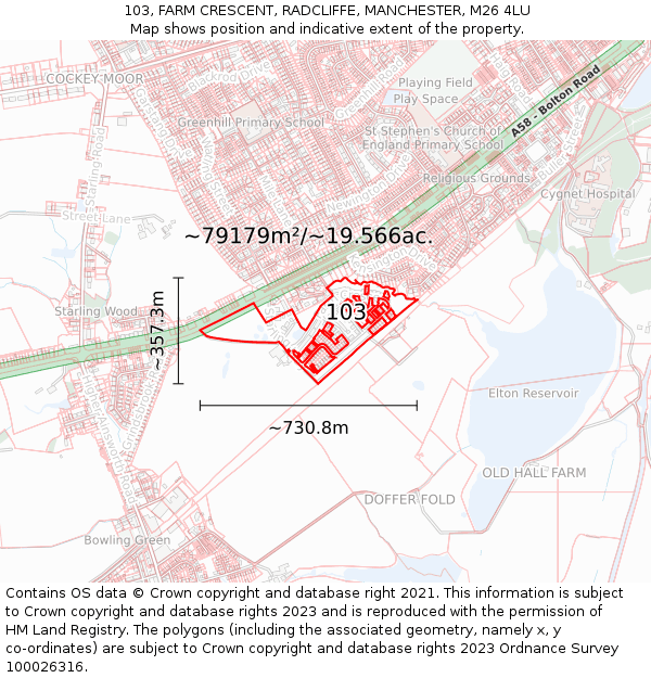 103, FARM CRESCENT, RADCLIFFE, MANCHESTER, M26 4LU: Plot and title map