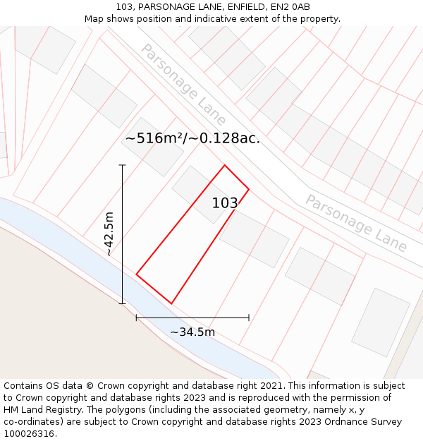 103, PARSONAGE LANE, ENFIELD, EN2 0AB: Plot and title map