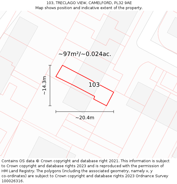 103, TRECLAGO VIEW, CAMELFORD, PL32 9AE: Plot and title map