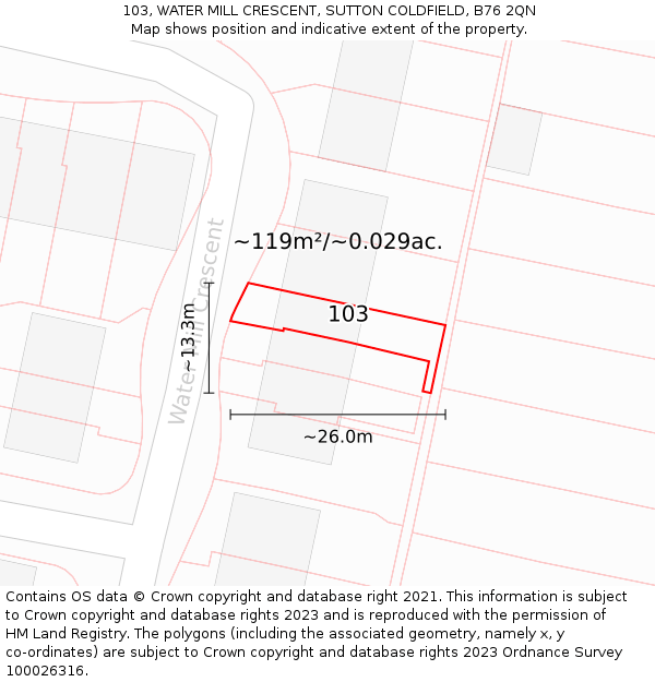 103, WATER MILL CRESCENT, SUTTON COLDFIELD, B76 2QN: Plot and title map