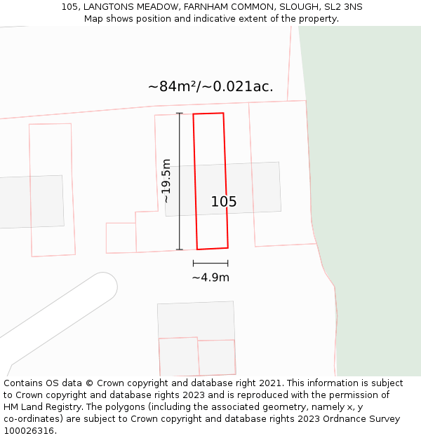 105, LANGTONS MEADOW, FARNHAM COMMON, SLOUGH, SL2 3NS: Plot and title map