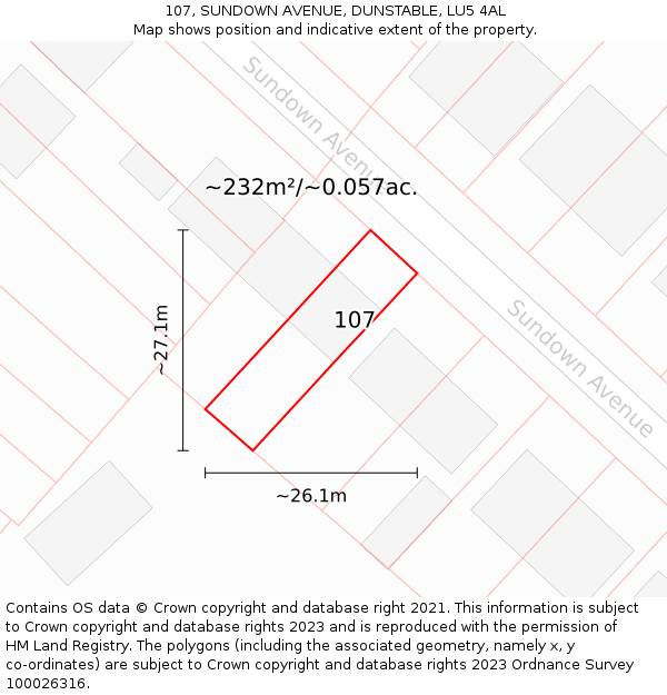 107, SUNDOWN AVENUE, DUNSTABLE, LU5 4AL: Plot and title map