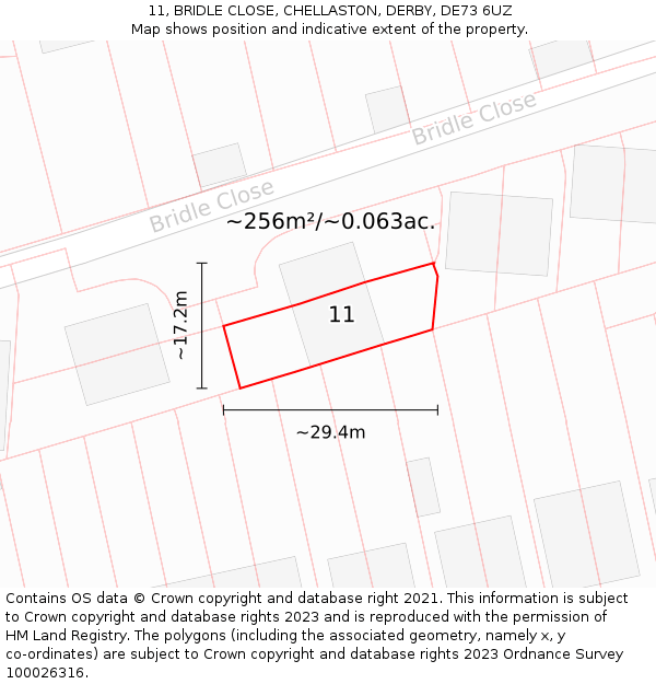 11, BRIDLE CLOSE, CHELLASTON, DERBY, DE73 6UZ: Plot and title map