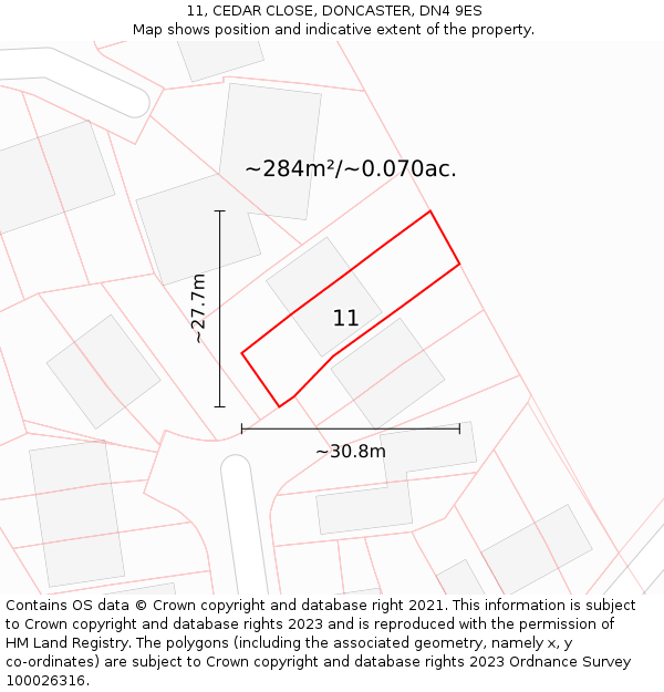 11, CEDAR CLOSE, DONCASTER, DN4 9ES: Plot and title map