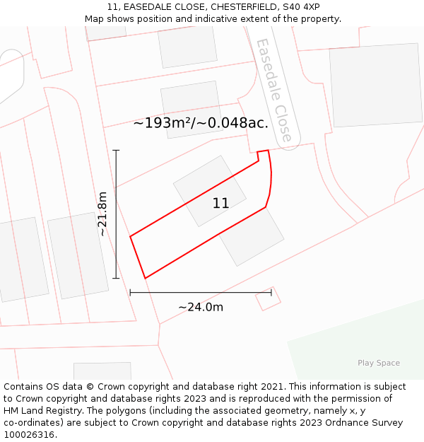11, EASEDALE CLOSE, CHESTERFIELD, S40 4XP: Plot and title map