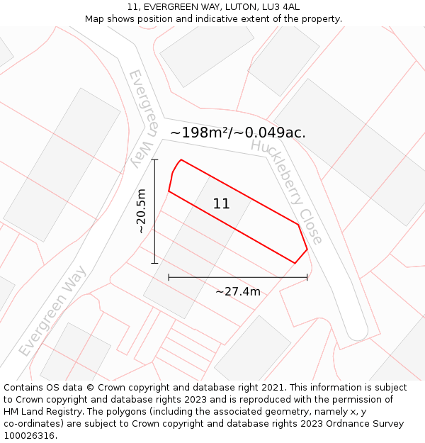 11, EVERGREEN WAY, LUTON, LU3 4AL: Plot and title map