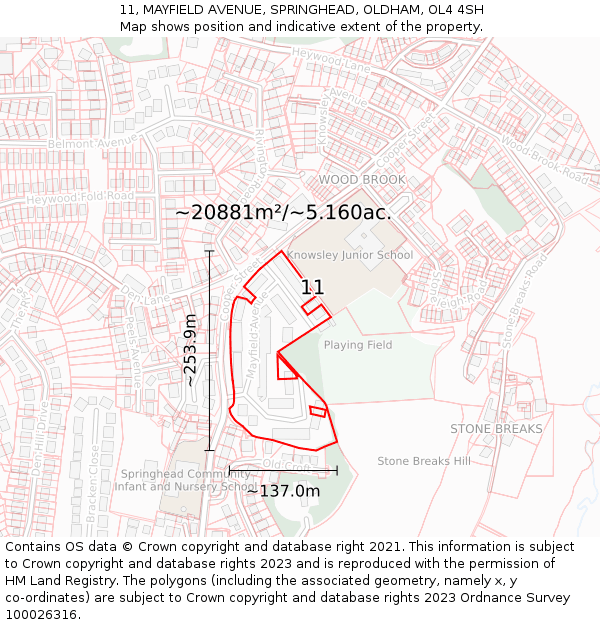 11, MAYFIELD AVENUE, SPRINGHEAD, OLDHAM, OL4 4SH: Plot and title map