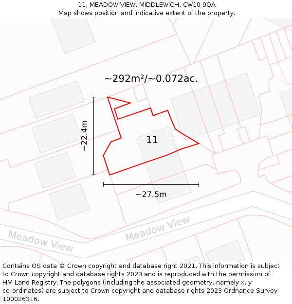 11, MEADOW VIEW, MIDDLEWICH, CW10 9QA: Plot and title map