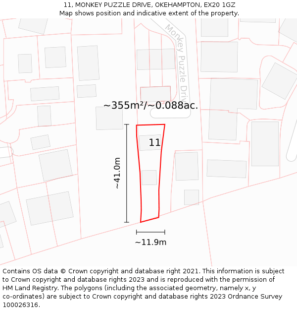 11, MONKEY PUZZLE DRIVE, OKEHAMPTON, EX20 1GZ: Plot and title map