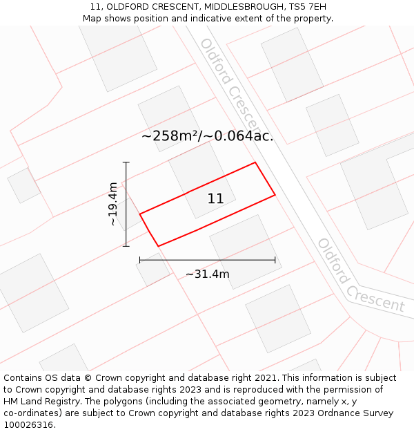 11, OLDFORD CRESCENT, MIDDLESBROUGH, TS5 7EH: Plot and title map