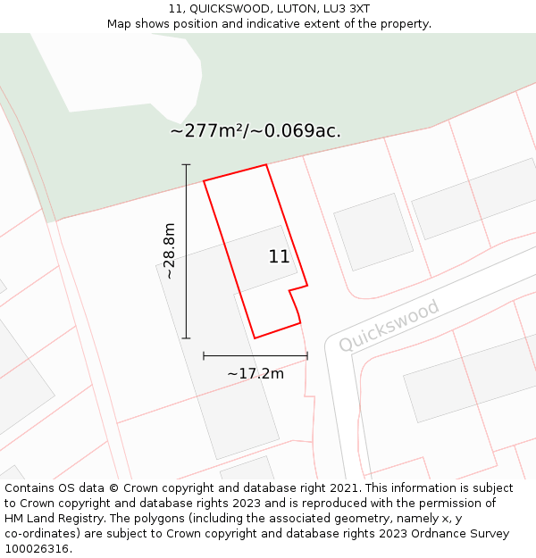 11, QUICKSWOOD, LUTON, LU3 3XT: Plot and title map