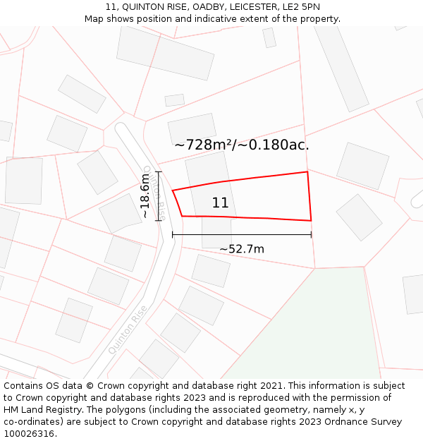 11, QUINTON RISE, OADBY, LEICESTER, LE2 5PN: Plot and title map
