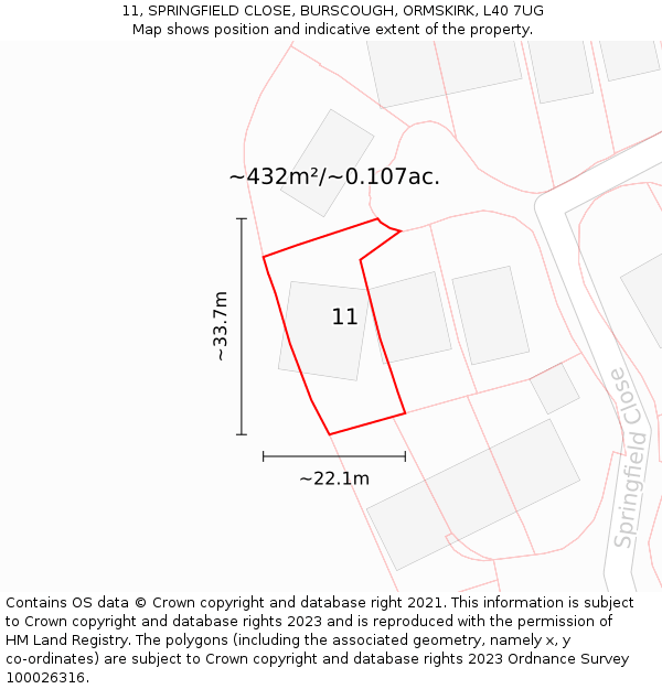 11, SPRINGFIELD CLOSE, BURSCOUGH, ORMSKIRK, L40 7UG: Plot and title map