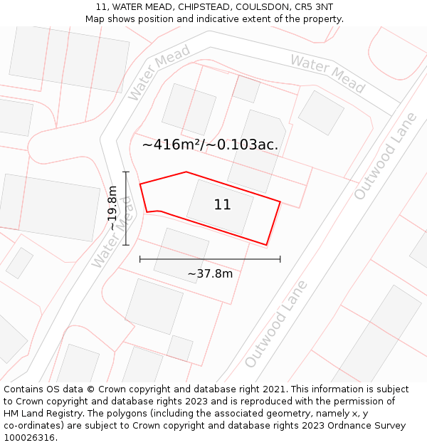 11, WATER MEAD, CHIPSTEAD, COULSDON, CR5 3NT: Plot and title map