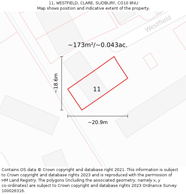 11, WESTFIELD, CLARE, SUDBURY, CO10 8NU: Plot and title map