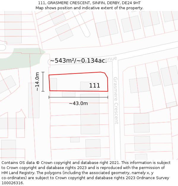 111, GRASMERE CRESCENT, SINFIN, DERBY, DE24 9HT: Plot and title map